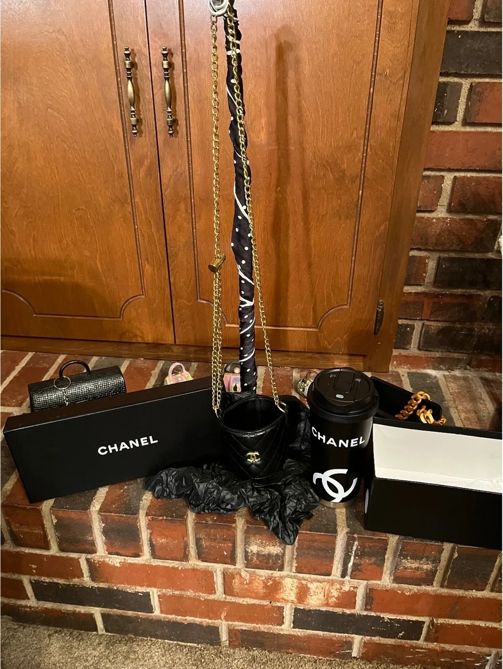 GWP - CHANEL Black and Gold Travel Mug with Quilted Crossbody Cup Holder